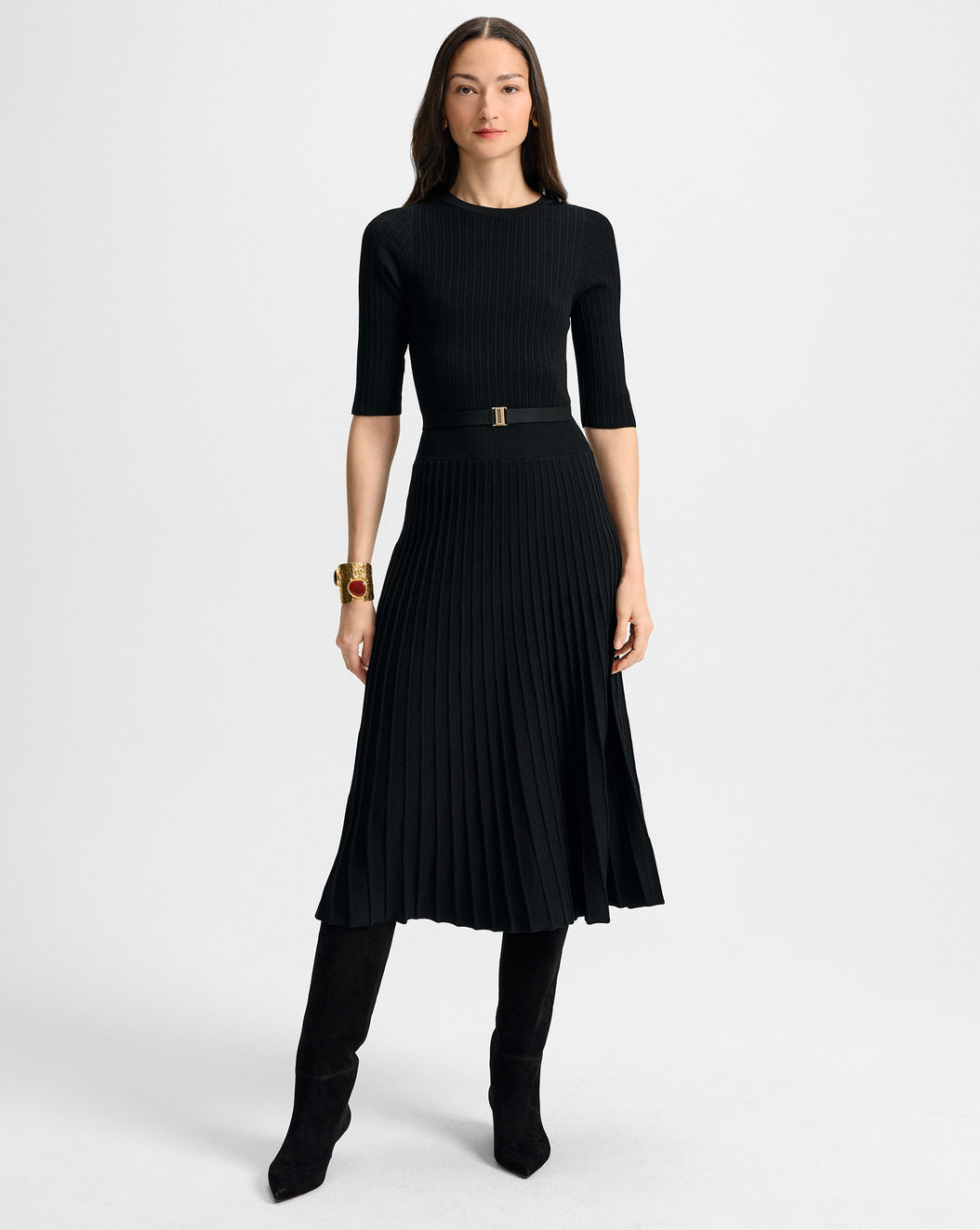 elthea belted midi dress Black Elthea Belted Knit Midi Dress