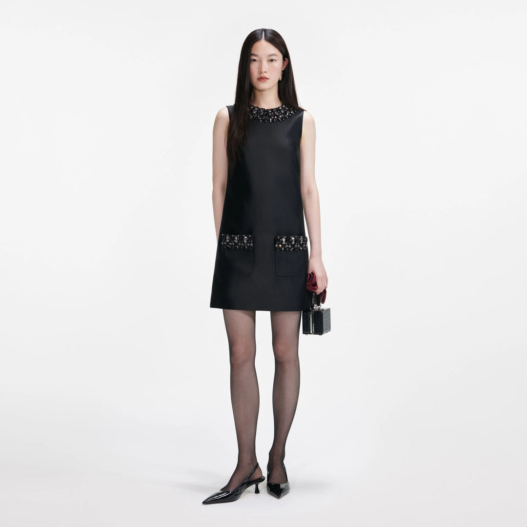 Self-Portrait Taffeta Embellished Trim Mini Dress Black 6